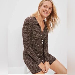 American Eagle Outfitters AE Ruched Knit Button-Front Mini Dress